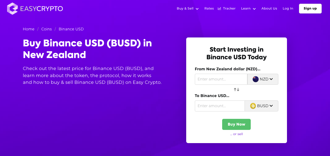 Screenshot of Easy Crypto coin page showcasing BUSD and NZD pairing.