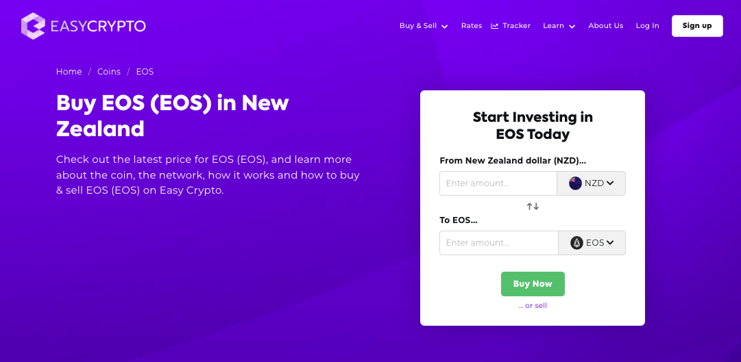 Screenshot of Easy Crypto Homepage showcasing the EOS and NZD pairing.