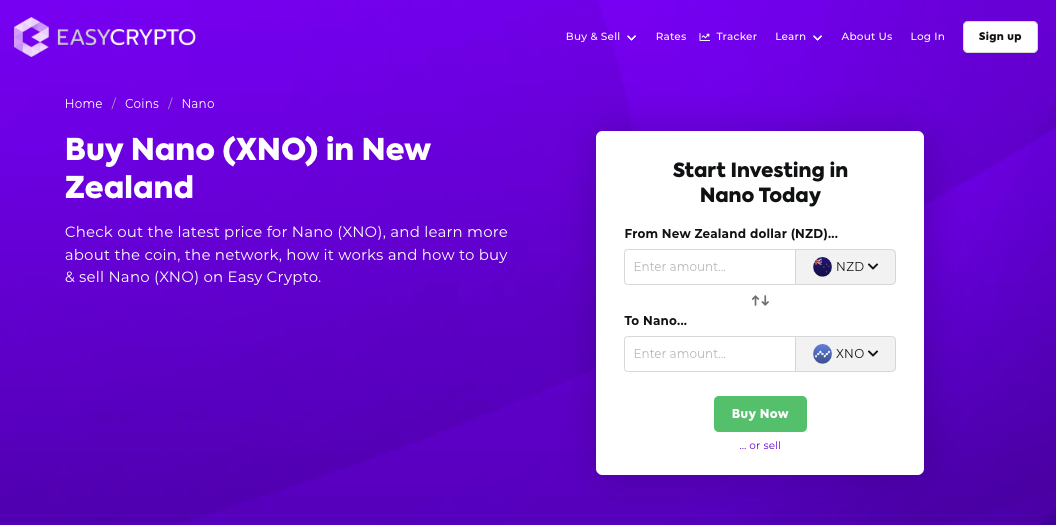 Screenshot of Easy Crypto coin page showcasing the Nano (XNO) and New Zealand Dollars (NZD) pairing.