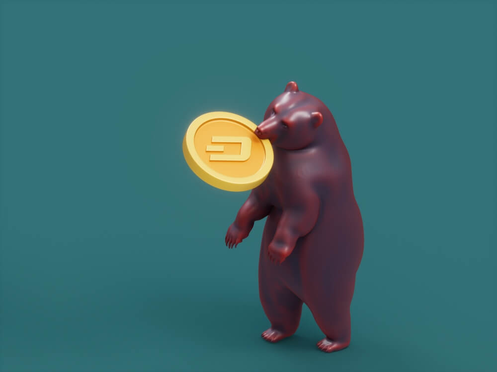 Bear biting a Dash crypto coin