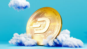 Dash crypto coin flanked by clouds.