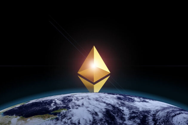 Ethereum ETH logo looming over the planet.