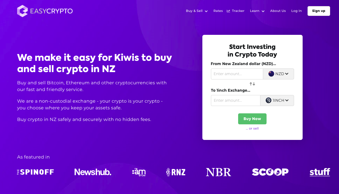 Screenshot of Easy Crypto New Zealand homepage showcasing the 1INCH and NZD pairing.