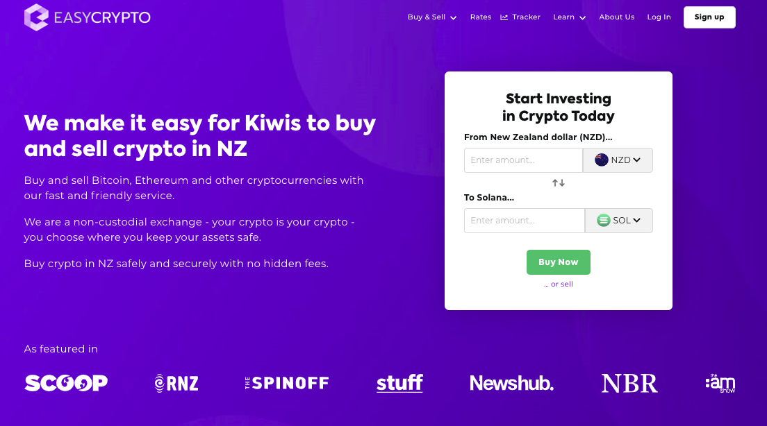 Screenshot of Easy Crypto New Zealand showcasing the SOL and NZD pairing.