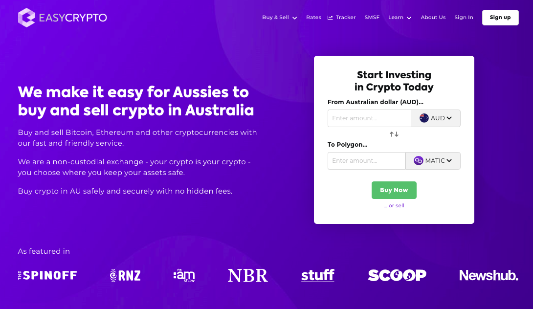 Screenshot of Easy Crypto Australia homepage showcasing the AUD and MATIC pairing.