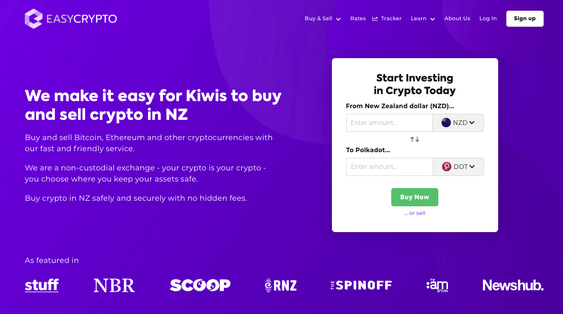 Screenshot of Easy Crypto homepage showcasing DOT and NZD pairing.