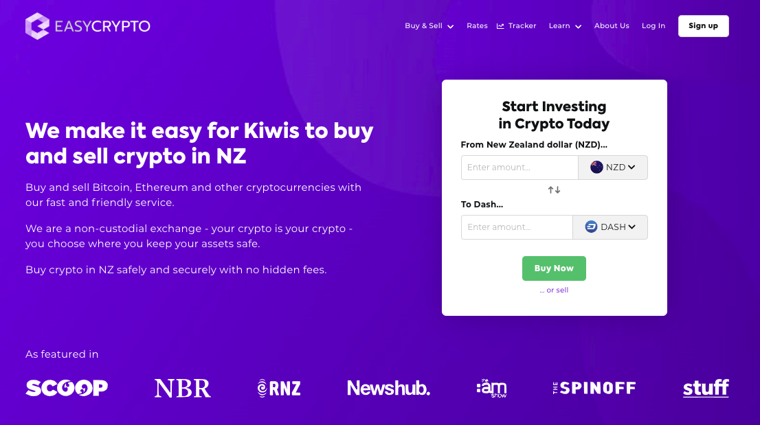 Screenshot of Easy Crypto homepage showcasing DASH and NZD pairing.
