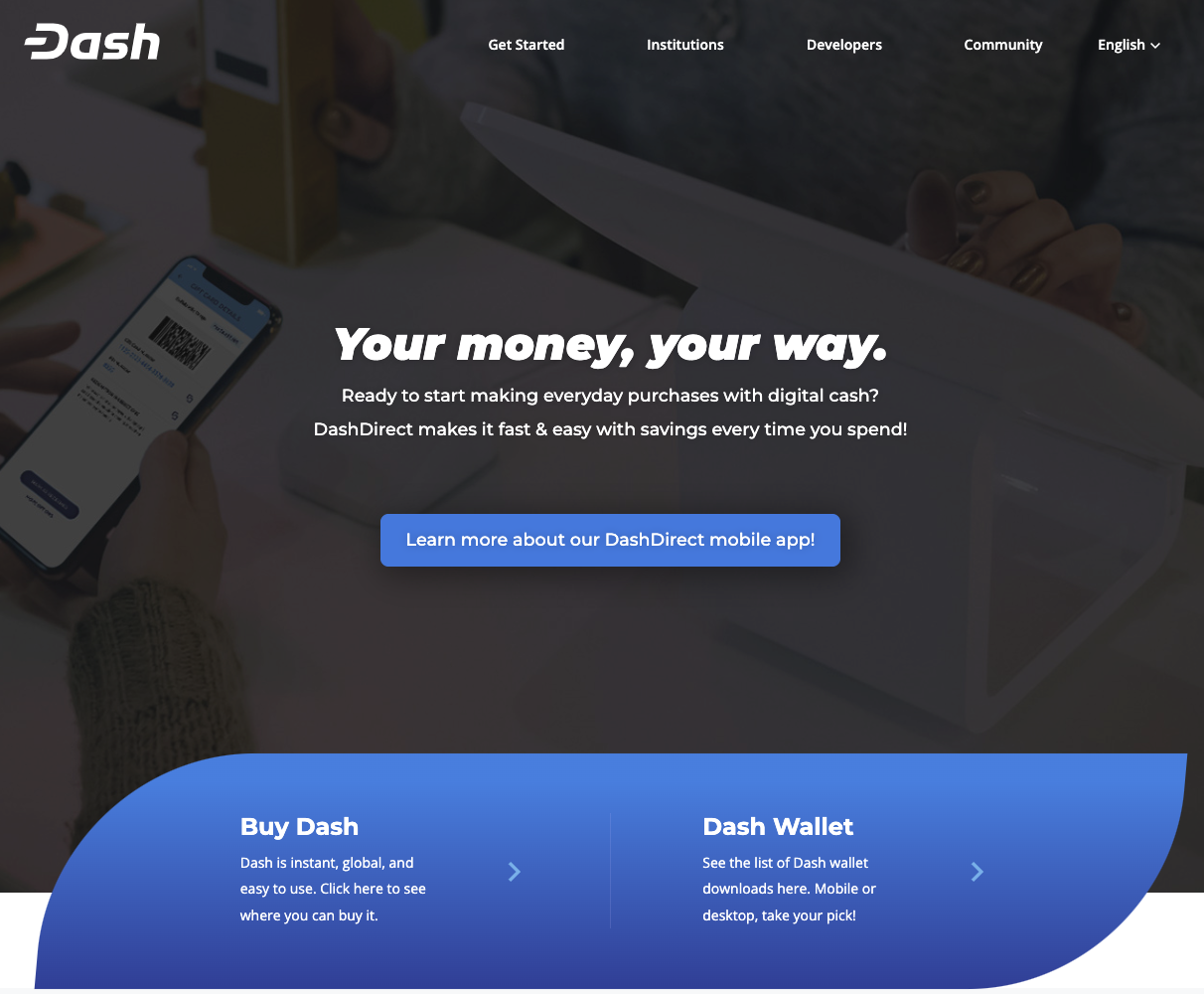 Screenshot of Dash coin homepage.