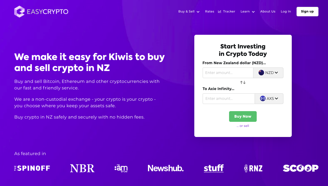 Screenshot of Easy Crypto homepage showcasing the NZD and AXS pairing.