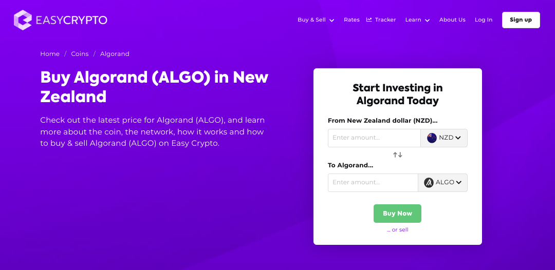 Screenshot of Easy Crypto Coin page showcasing the Algorand and New Zealand Dollars pairing.