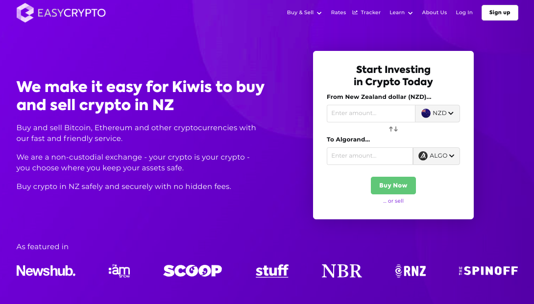 Screnshot of Easy Crypto NZ homepage, showcasing NZD and ALGO pairing.