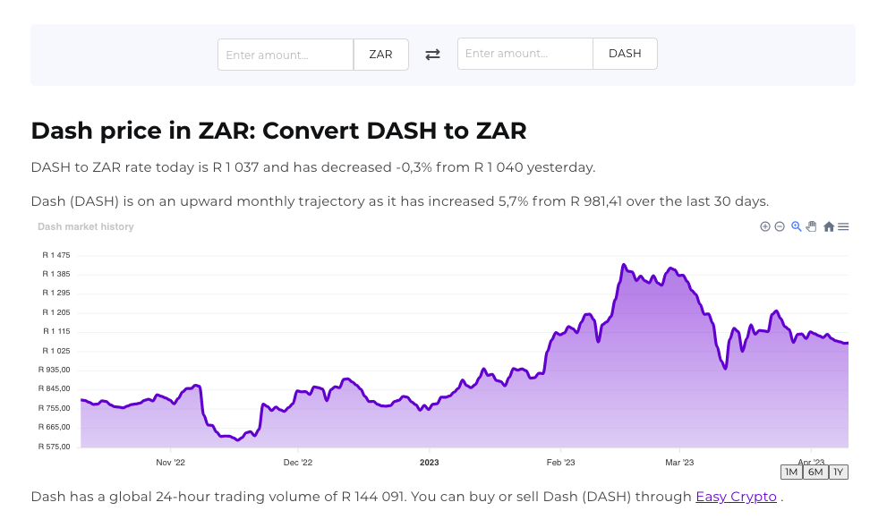 Screenshot of Easy Crypto ZA crypto converter page showcasing the ZAR and DASH pairing.