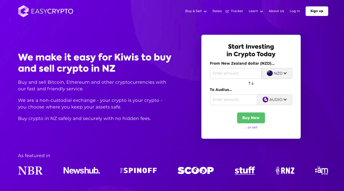 Screenshot of Easy Crypto homepage showcasing the NZD and AUDIO pairing