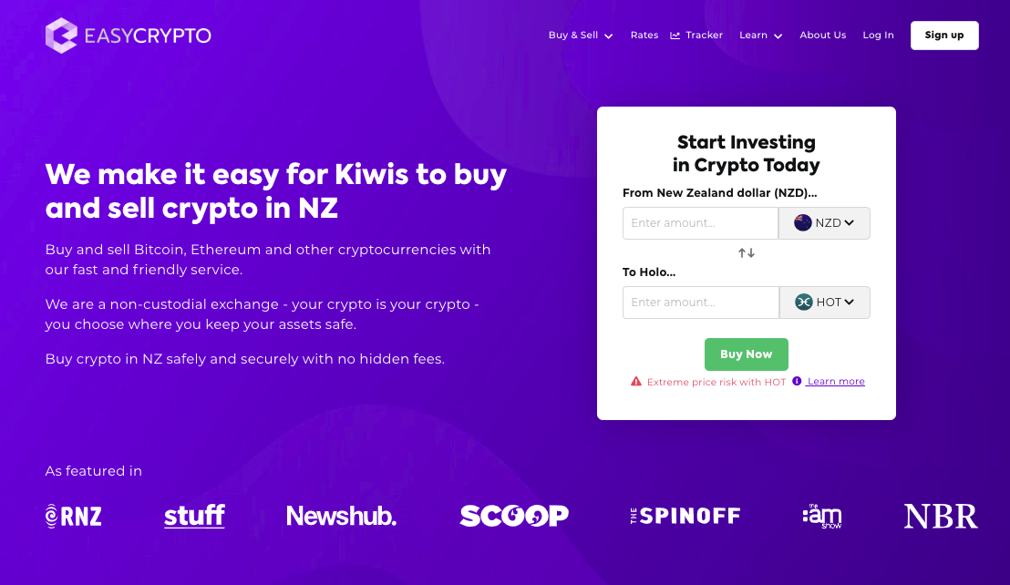 Screenshot of Easy Crypto homepage showcasing the Holo HOT token and NZD pairing