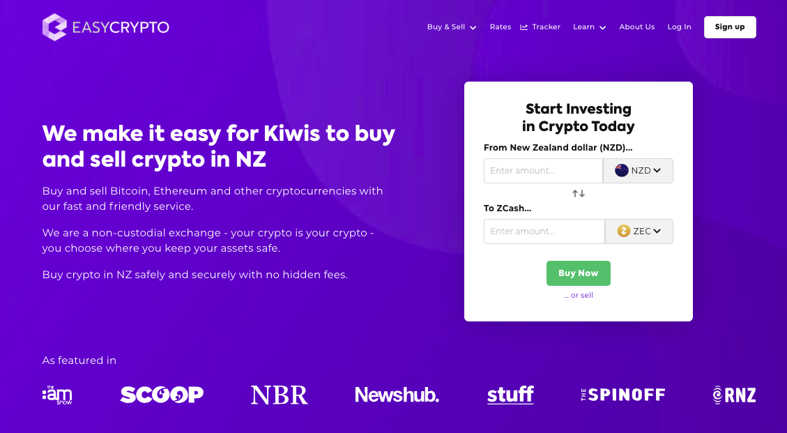 Screenshot of Easy Crypto homepage showcasing the ZEC and NZD pairing.