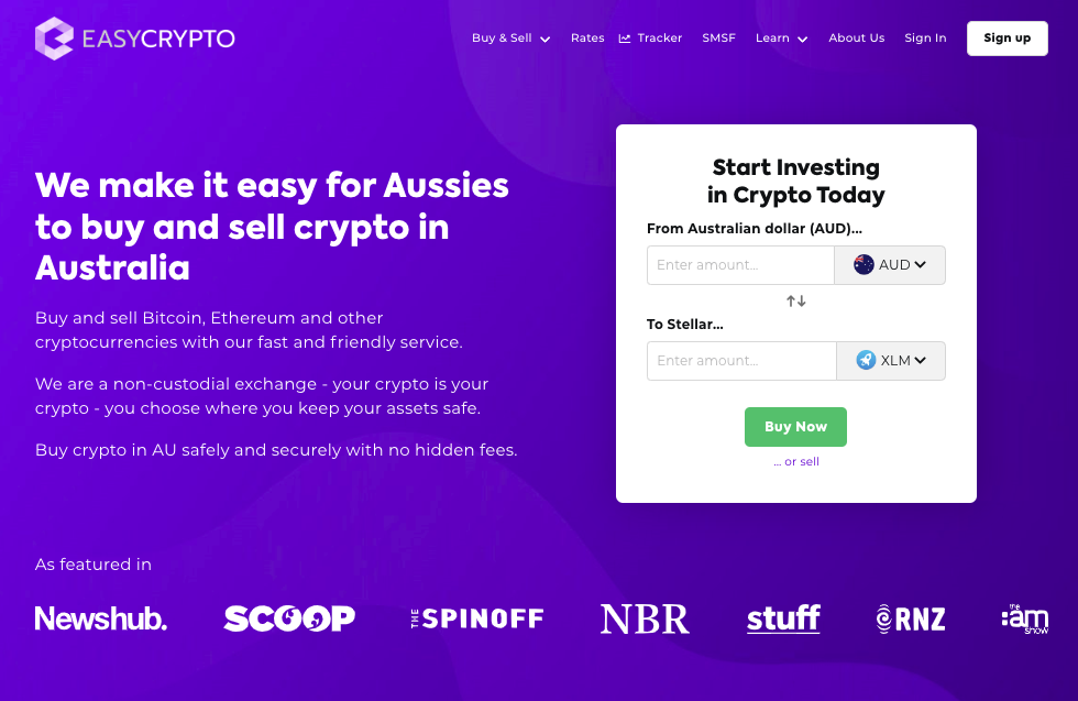 Screenshot of Easy Crypto Australia homepage showcasing AUD and XLM pairing.