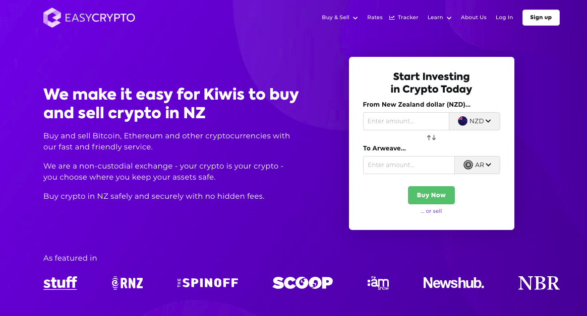Screenshot of Easy Crypto homepage showcasing Arweave (AR) and NZD pairing.