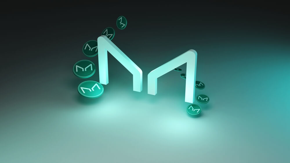 Maker (MAKER) crypto token logo on green background.