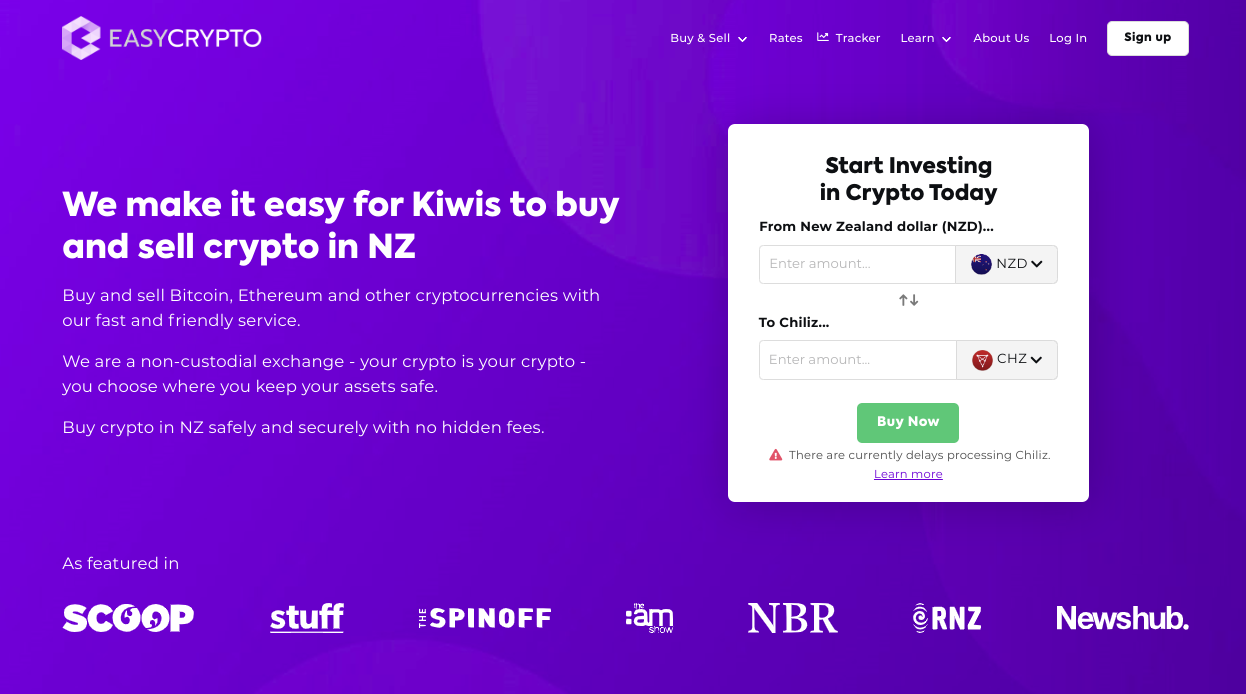 Screenshot of Easy Crypto homepage showcasing the Chiliz CHZ token with NZD pairing.