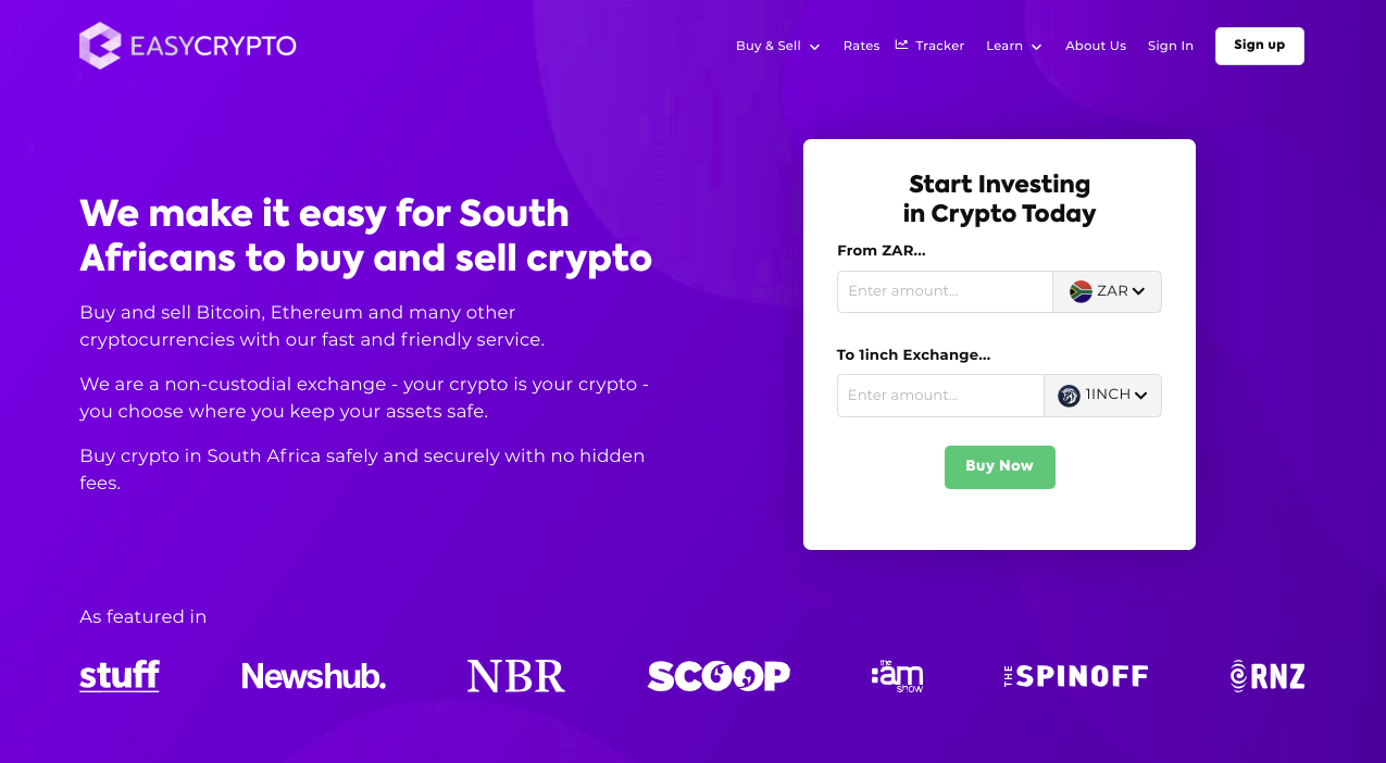 Screenshot of Easy Crypto South Africa homepage showcasing 1INCH token and ZAR pairing