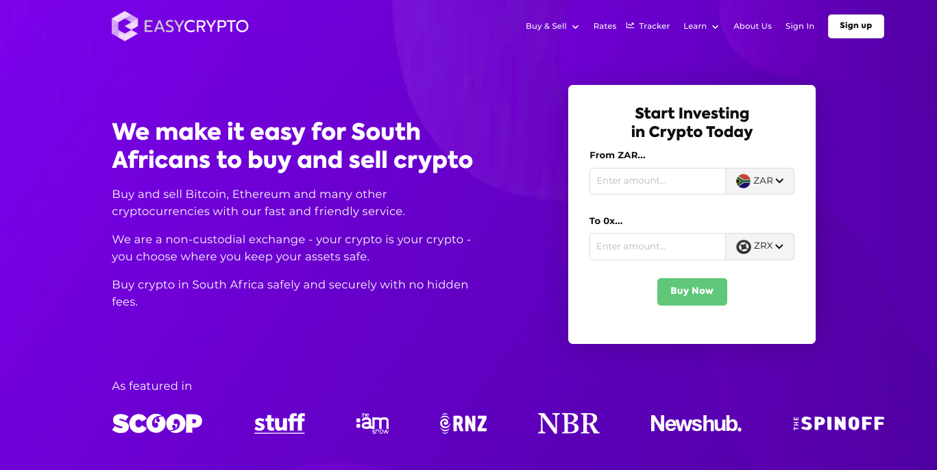 Screenshot of Easy Crypto South Africa homepage showcasing the ZAR and ZRX pairing.