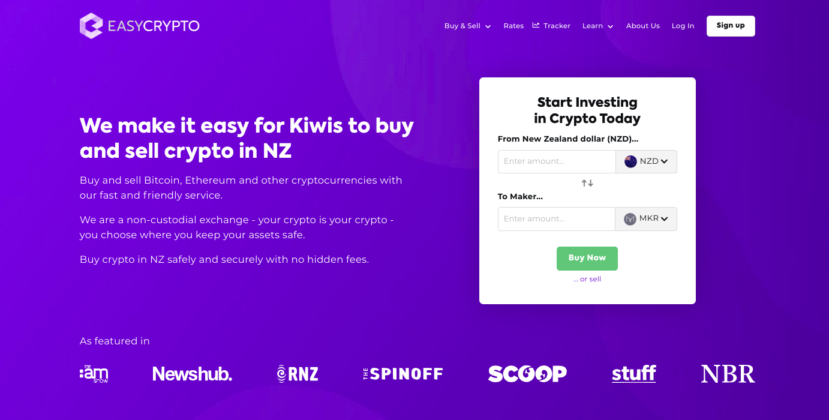 Screenshot of Easy Crypto homepage showcasing the Maker (MKR) coin and NZD pairing.