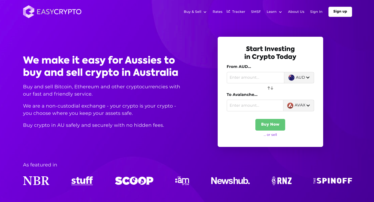 Screenshot of Easy Crypto Australia homepage showcasing the AVAX and AUD pairing.
