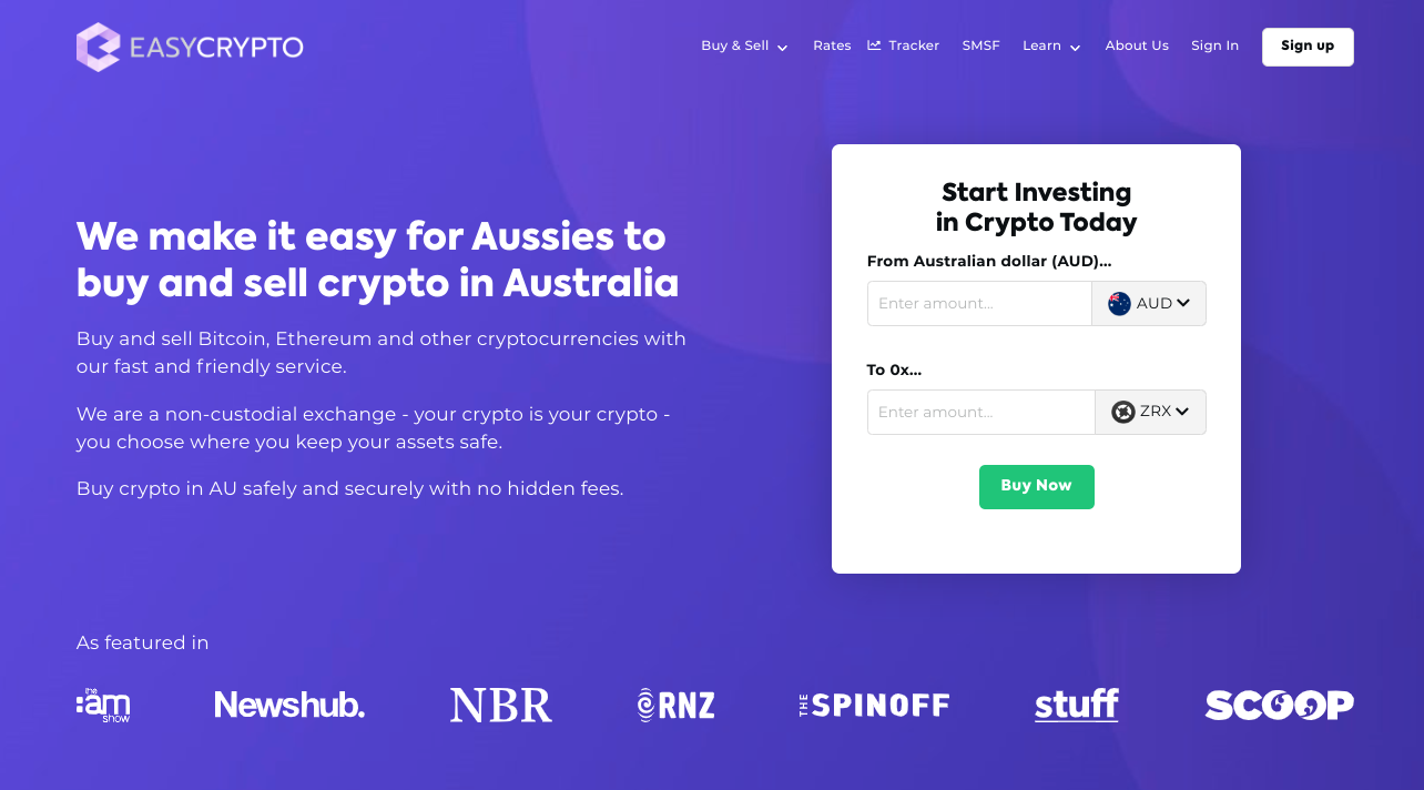 Screenshot of Easy Crypto Australia showcasing AUD and ZRX pairing.