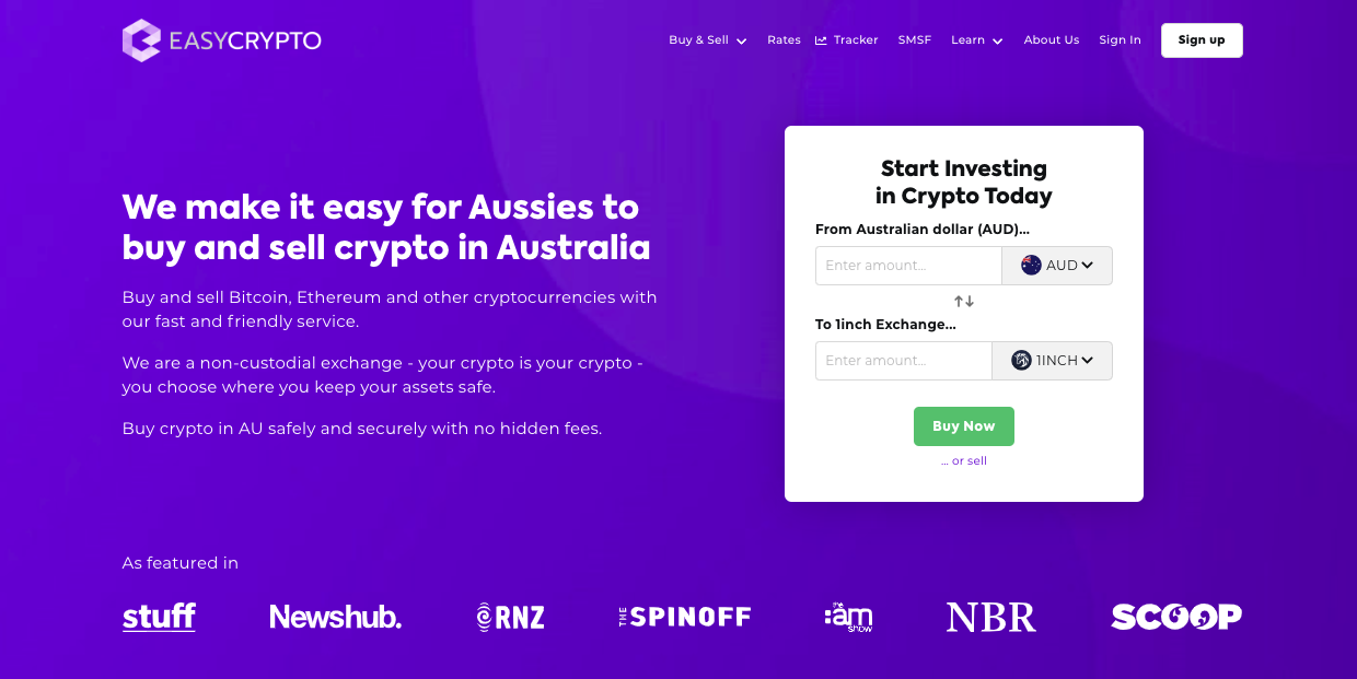 Screenshot of Easy Crypto Australia homepage showcasing the AUD and 1INCH pairing.