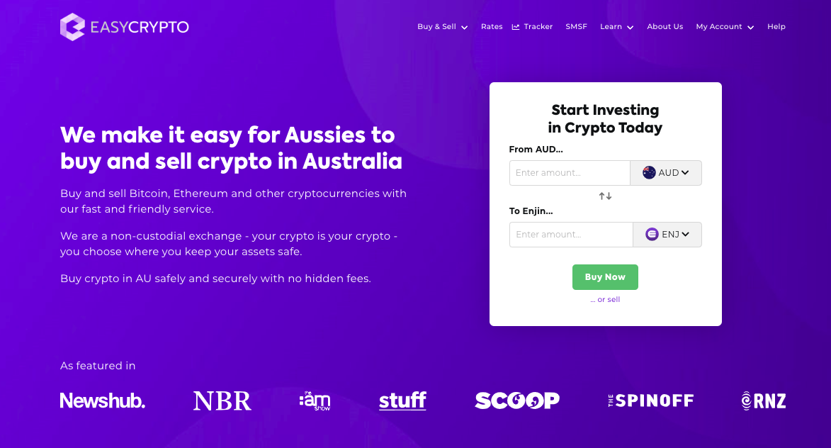 Screenshot of Easy Crypto Australia homepage showcasing AUD and ENJ pairing.