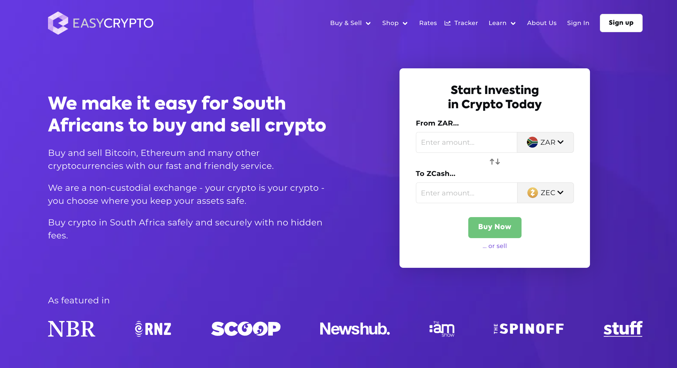 Screenshot of Easy Crypto South Africa homepage, showcasing the ZAR and ZEC pairing.