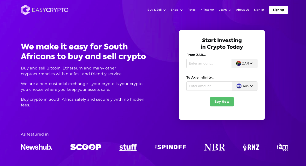 Screenshot of Easy Crypto South Africa homepage showcasing ZAR and AXS