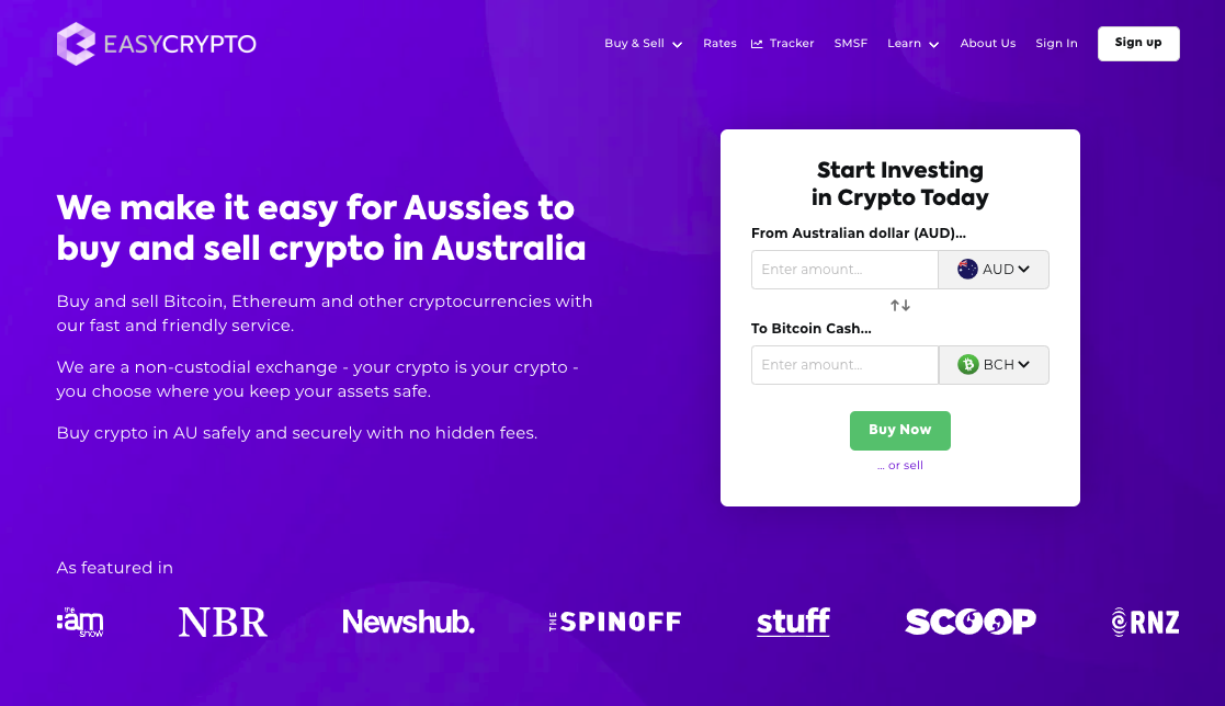 Screenshot of Easy Crypto Homepage showcasing the BCH and AUD pairing.