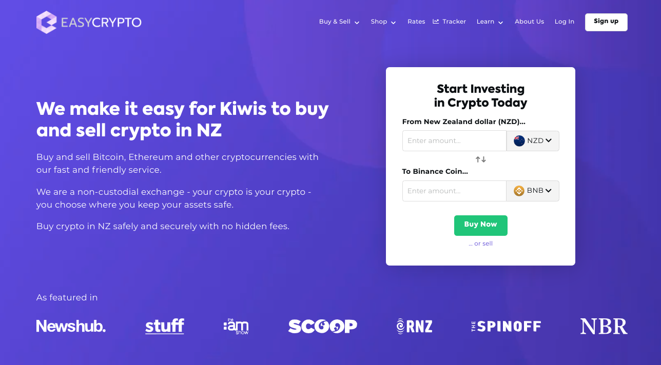Screenshot of Easy Crypto homepage showcasing NZD and BNB pairing.