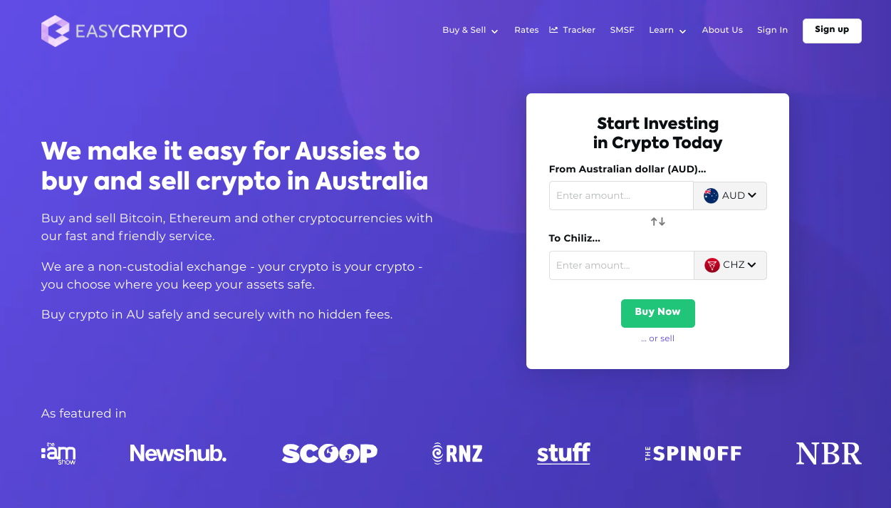 Screenshot of Easy Crypto homepage showcasing the Chiliz CHZ token with AUD pairing.