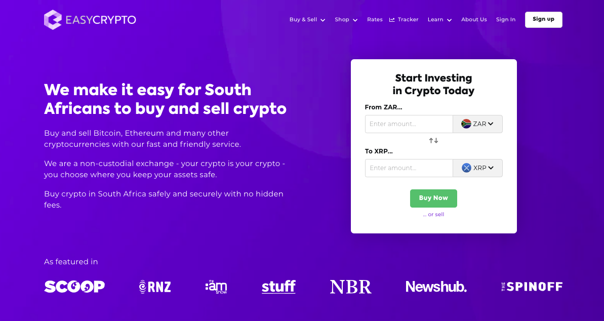 Screenshot of Easy Crypto homepage showcasing the XRP and ZAR pairing.