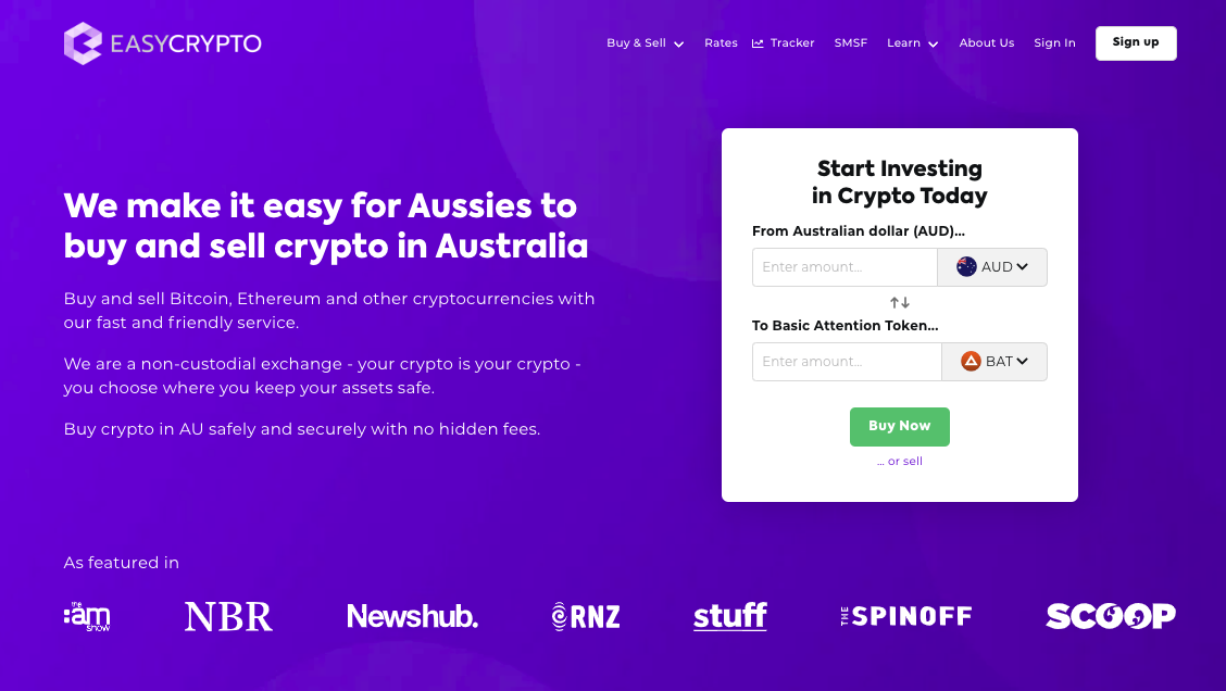 Screenshot of Easy Crypto Australia homepage showcasing the AUD and BAT token pairing.