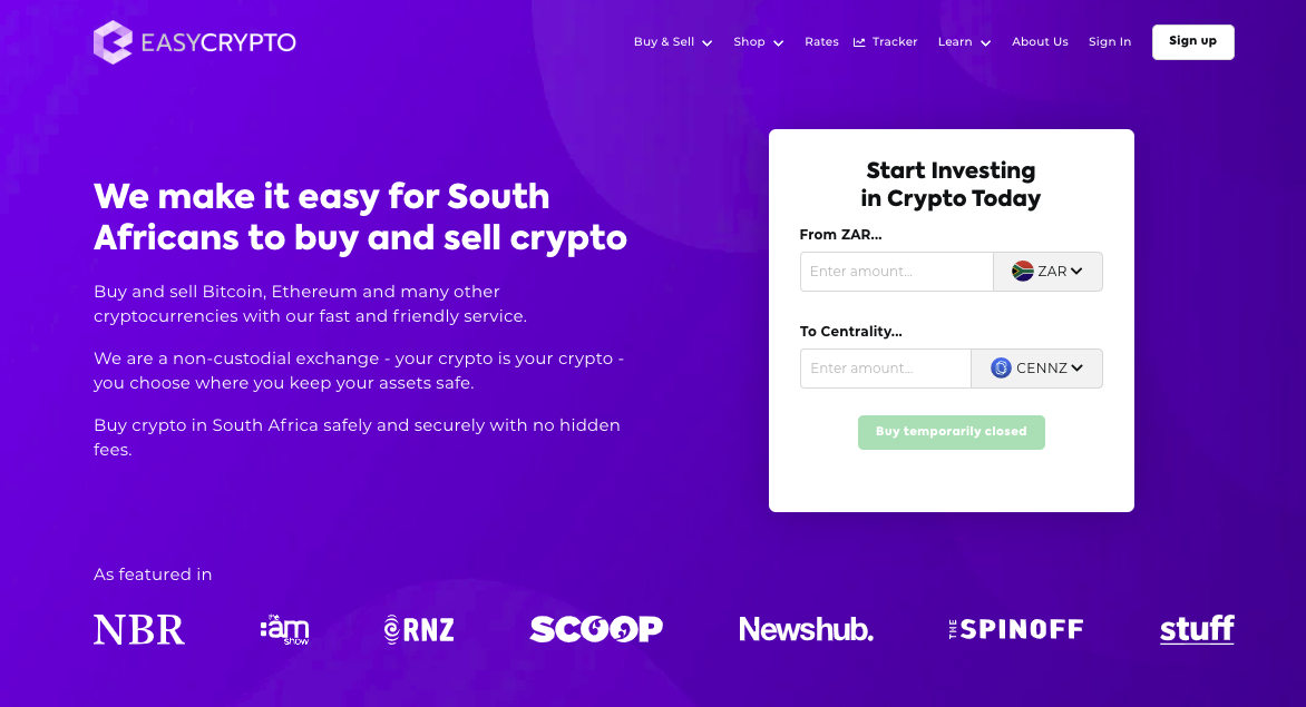 Screenshot of Easy Crypto South Africa homepage showcasing the ZAR and CENNZ token.