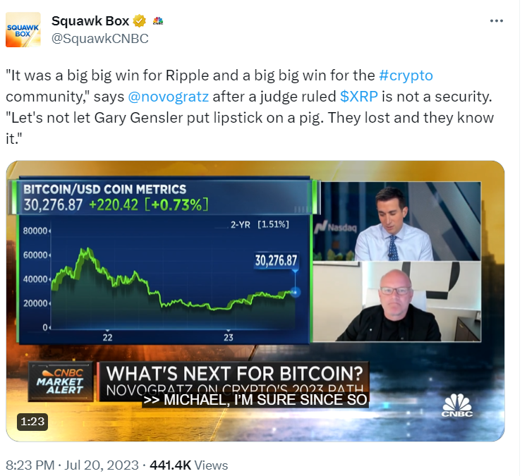 Tweet by Squawk Box: "It was a big big win for Ripple and a big big win for the crypto community, says novogratz.