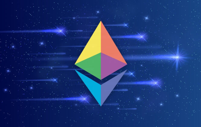 Rainbow ethereum logo floating in stars