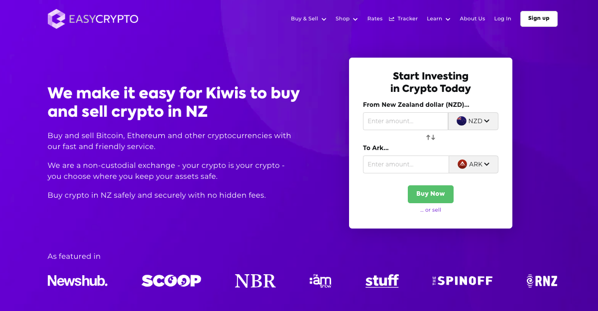 Screenshot of Easy Crypto homepage showcasing ARK coin and NZD pairing.