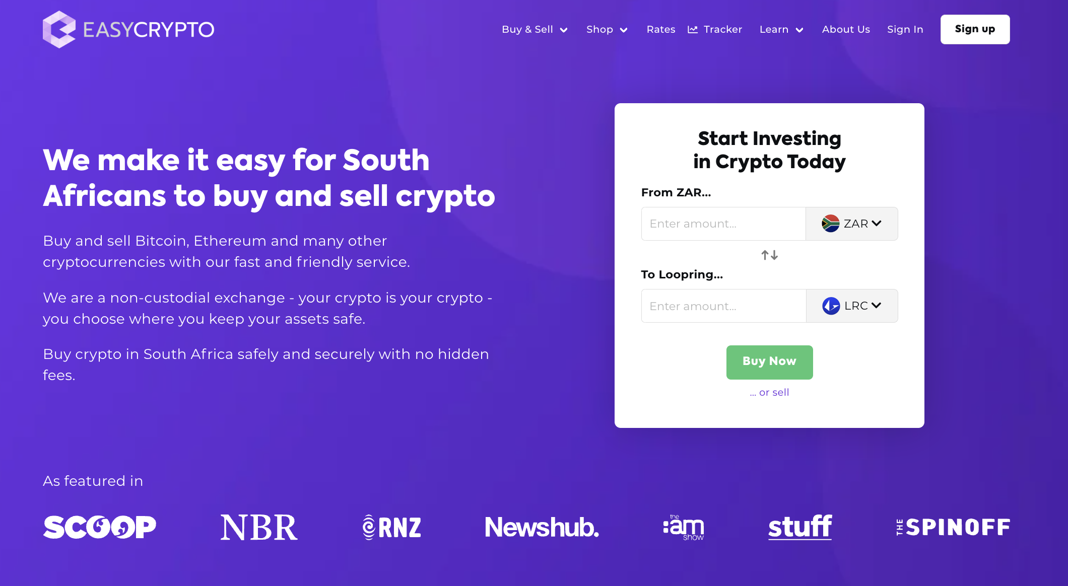 Screenshot of Easy Crypto South Africa homepage showcasing LRC and ZAR pairing.