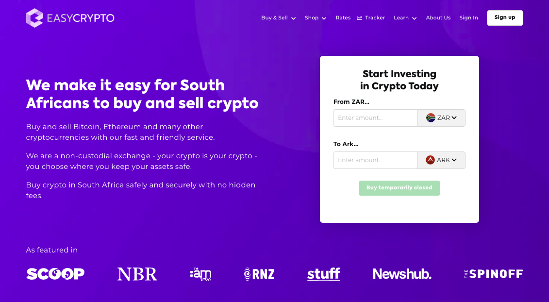 Screenshot of Easy Crypto South Africa Homepage showcasing the ARK and ZAR pairing.