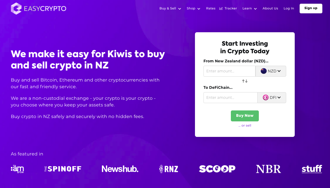 Screenshot of Easy Crypto New Zealand homepage showcasing the NZD and DFI pairing.