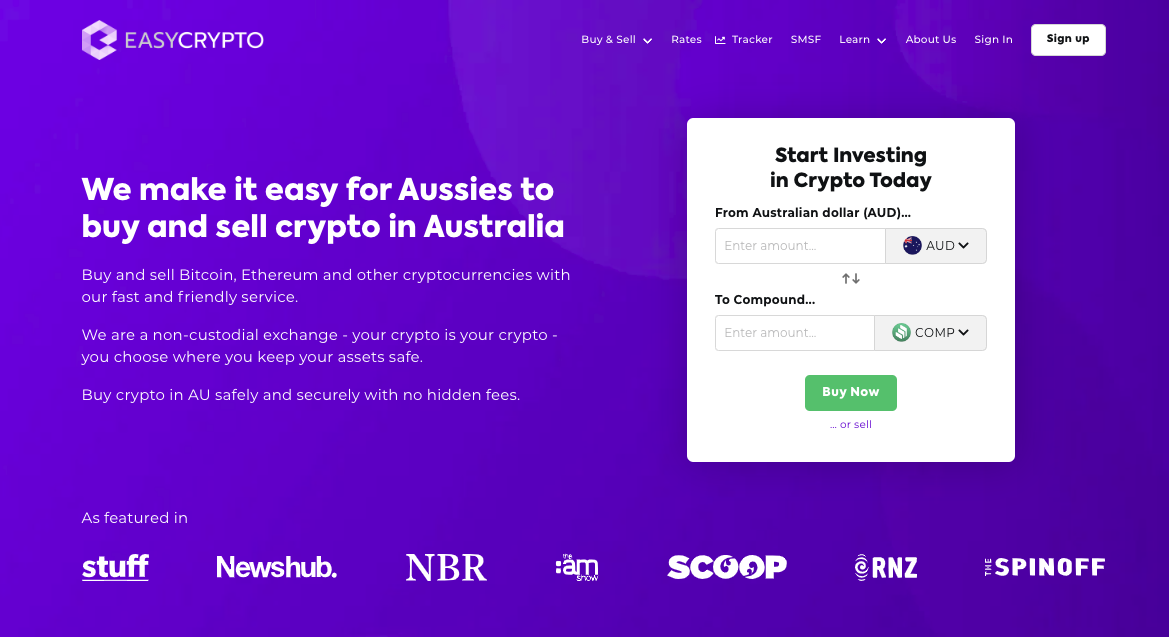 Screenshot of Easy Crypto Australia homepage showcasing the COMP and AUD pairing.