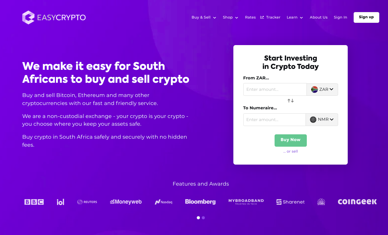 Screenshot of Easy Crypto South Africa showcasing NMR and ZAR.