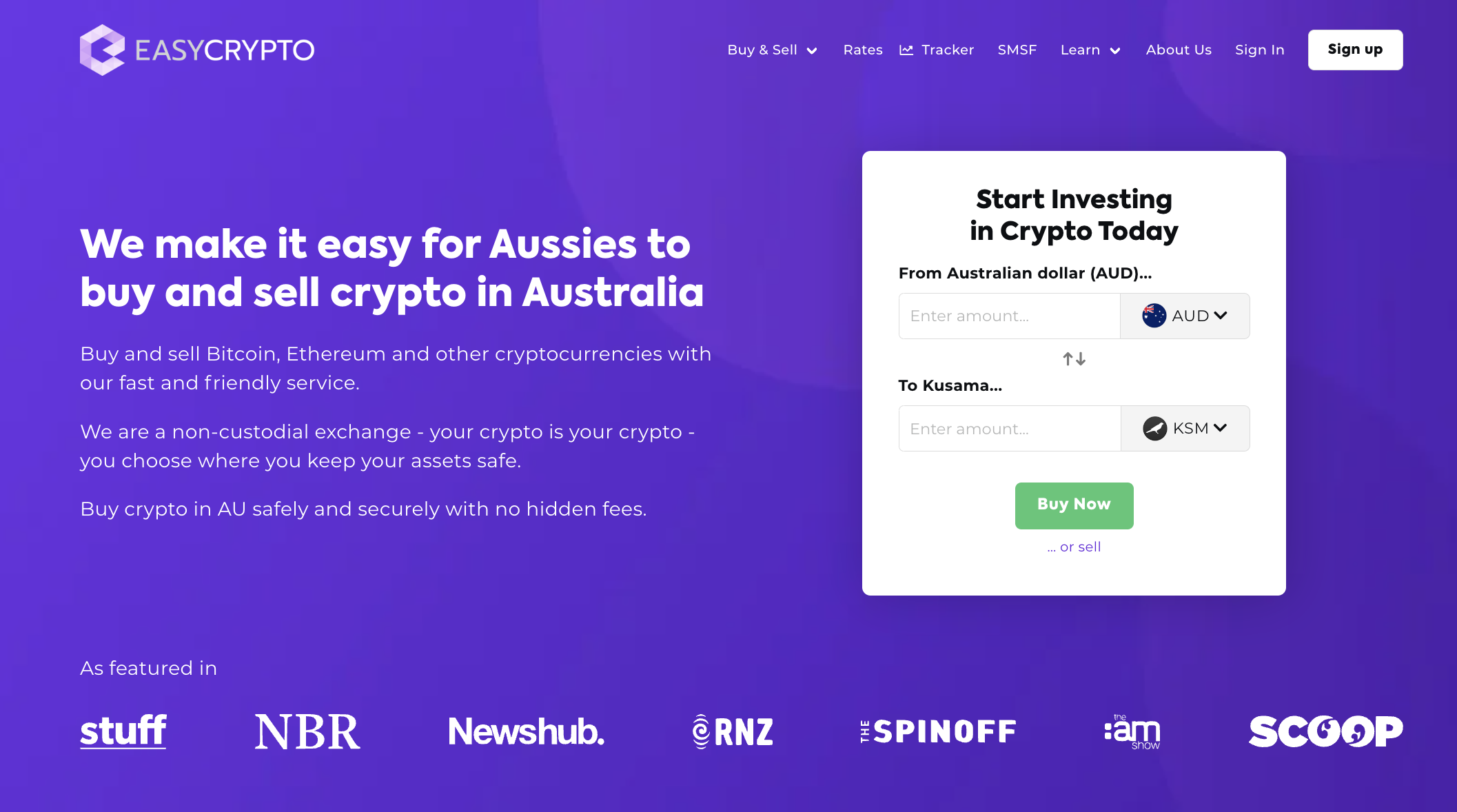 Screenshot of Easy Crypto Australia homepage showcasing the AUD and KSM pairing.