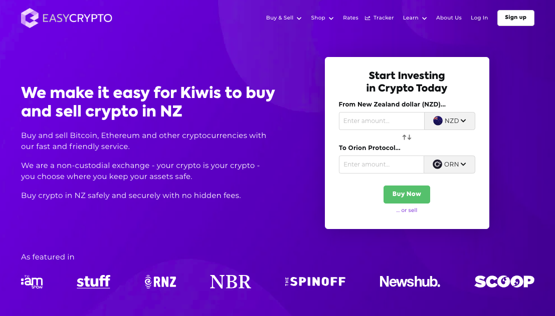 Screenshot of Easy Crypto homepage showcasing ORN and NZD pairing.