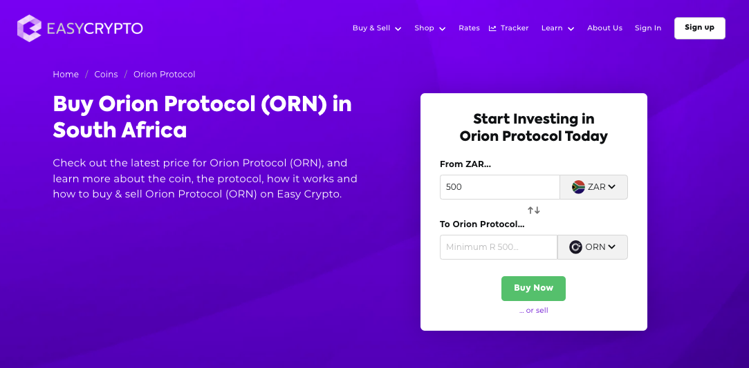 Screenshot of Easy Crypto South Africa website showcasing ORN and ZAR pairing.