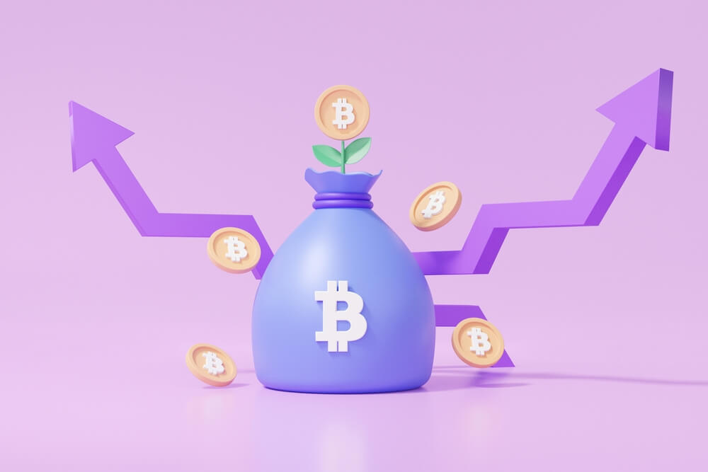Bitcoin in a blue pot with arrows pointing up on each side